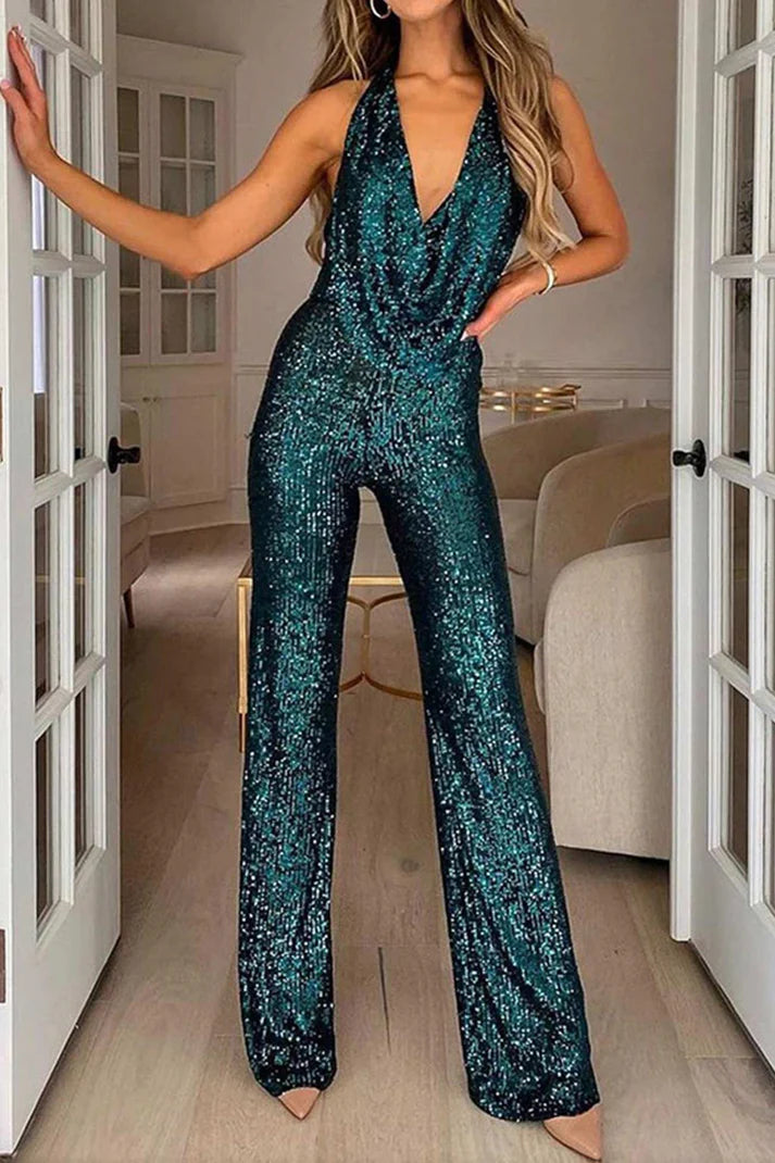Combinaison femme – Coupe moulante – Style dos nu – Encolure drapée – Sequins brillants