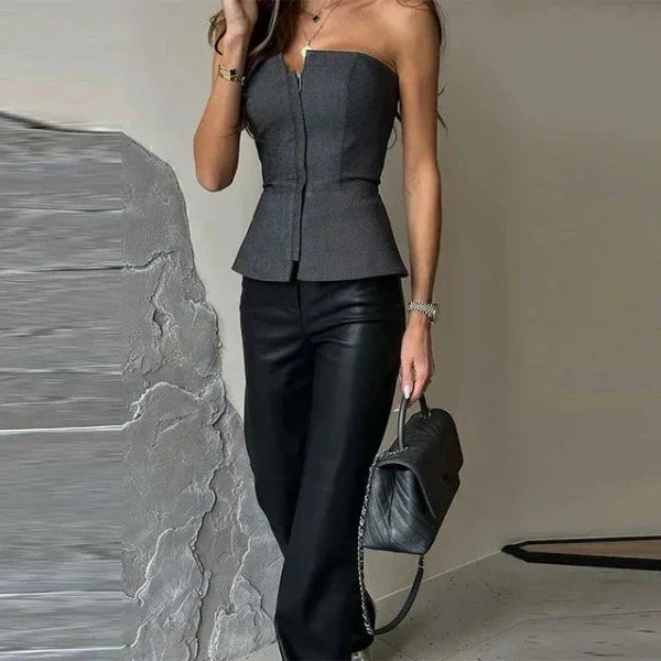 Top bustier femme – Coupe ajustée – Fermeture zippée – Ourlet basque