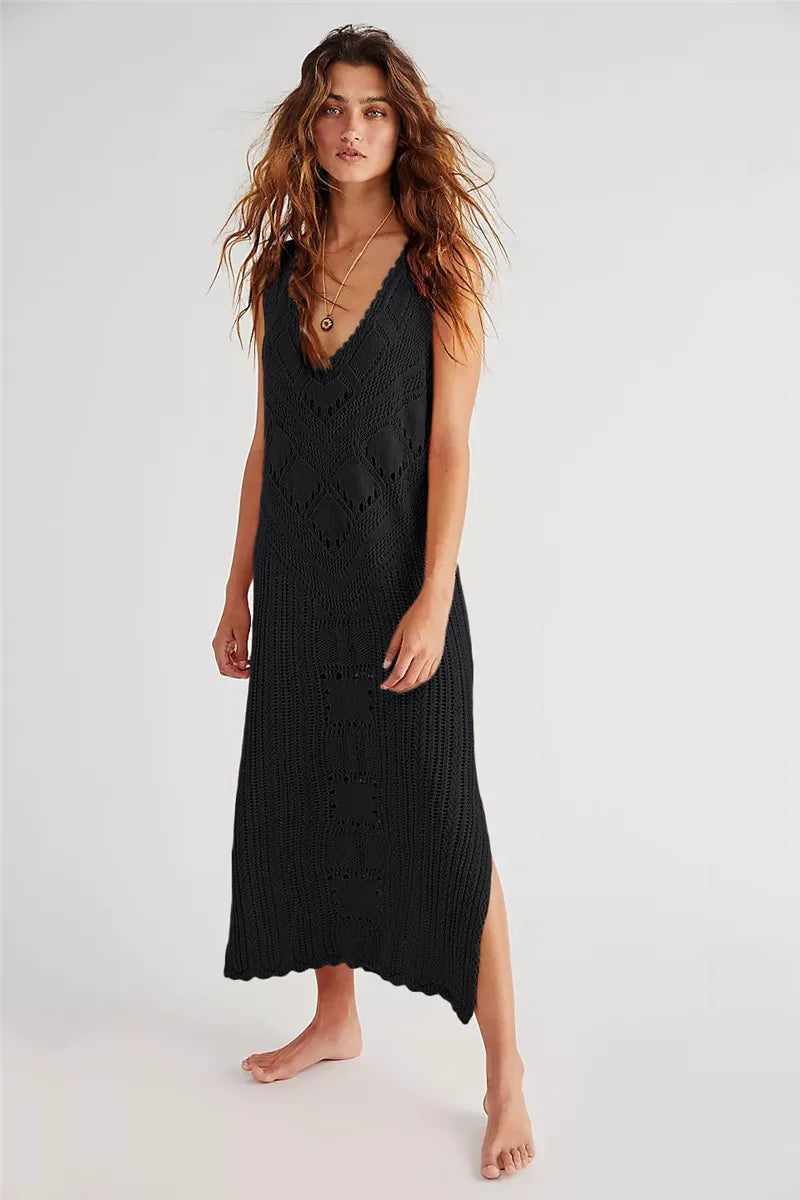 Robe femme midi – Coupe décontractée – Maille aérée – Fente côté – Col en V