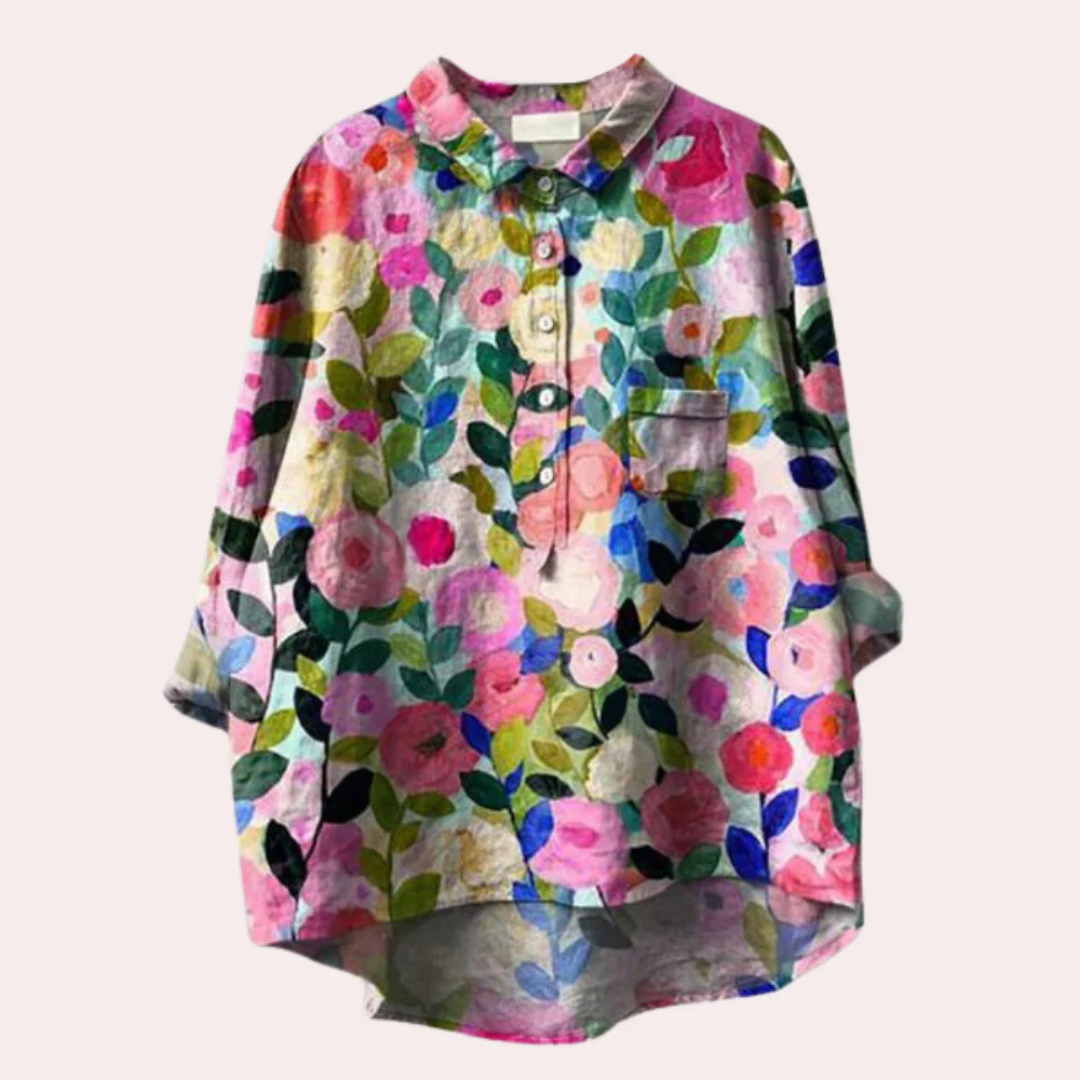 Blouse femme – Coupe ample – Imprimé fleuri – Fibres naturelles – Fermeture boutonnée