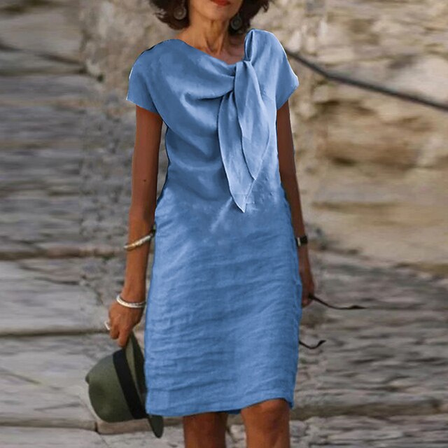 Robe de soirée femme – Coupe décontractée – Tissu léger – Nœud décoratif – Manches courtes – Longueur mini