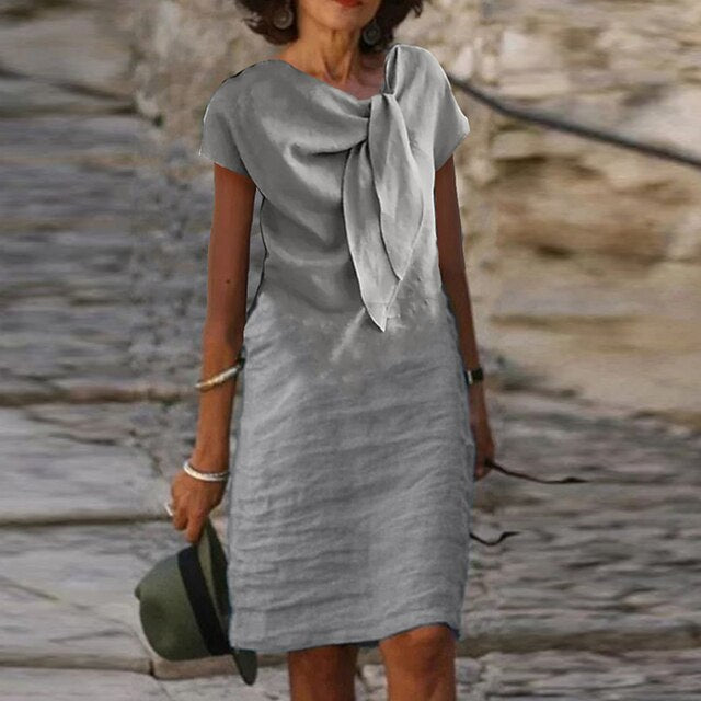 Robe de soirée femme – Coupe décontractée – Tissu léger – Nœud décoratif – Manches courtes – Longueur mini
