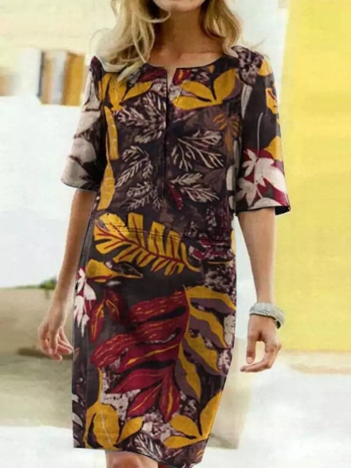 Robe femme mi-longue – Coupe décontractée – Manches mi-longues – Imprimé artistique
