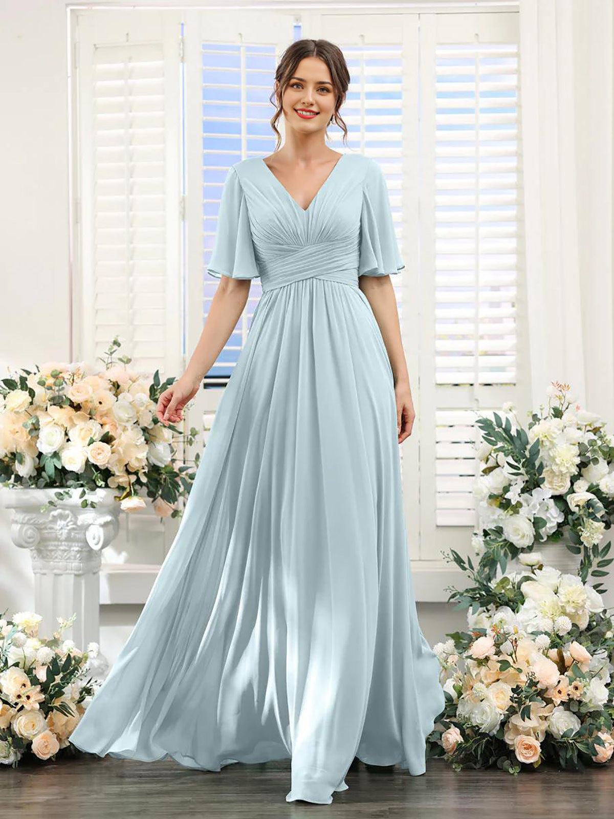 Robe femme longue – Chiffon – Col en V – Coupe évasée fluide – Manches courtes