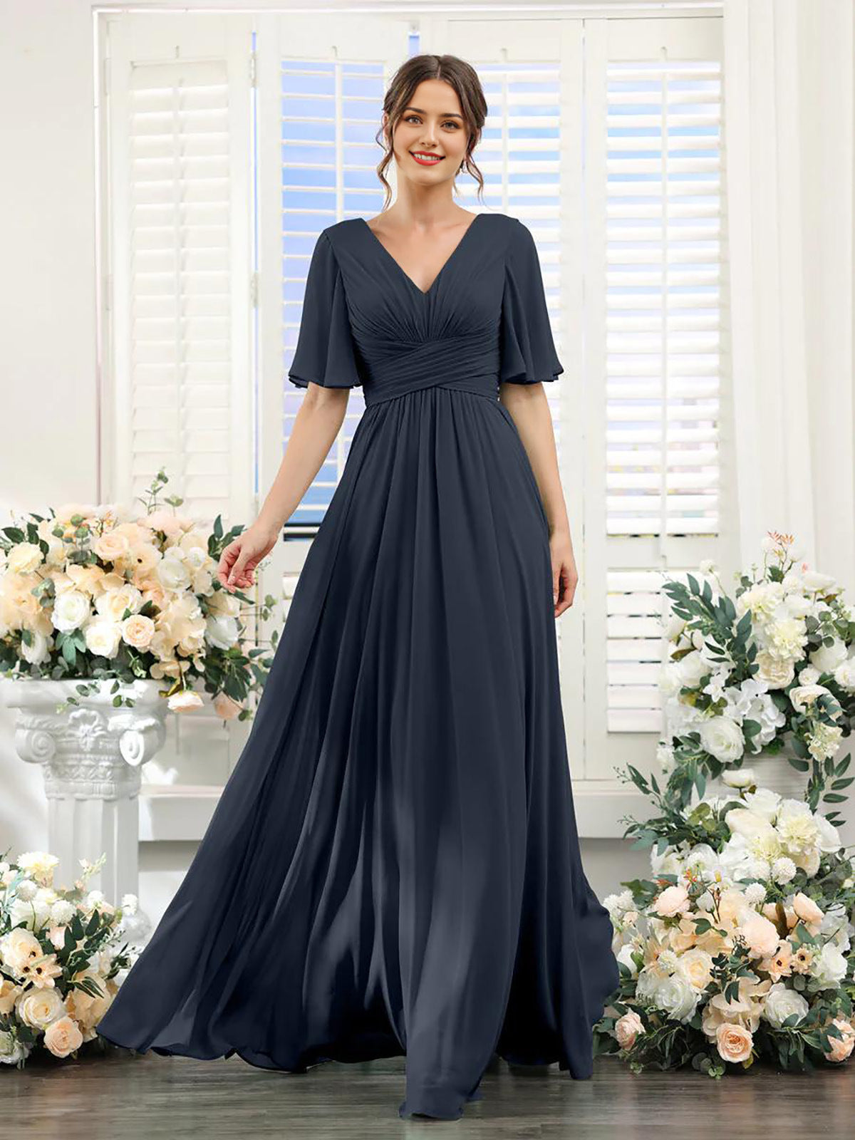 Robe femme longue – Chiffon – Col en V – Coupe évasée fluide – Manches courtes