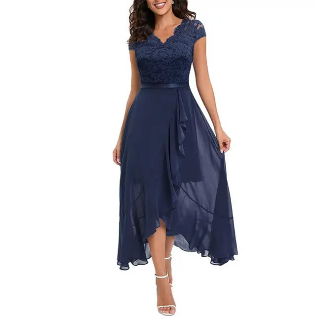 Robe de soirée femme – Coupe évasée – Dentelle élégante – Ourlet asymétrique fluide