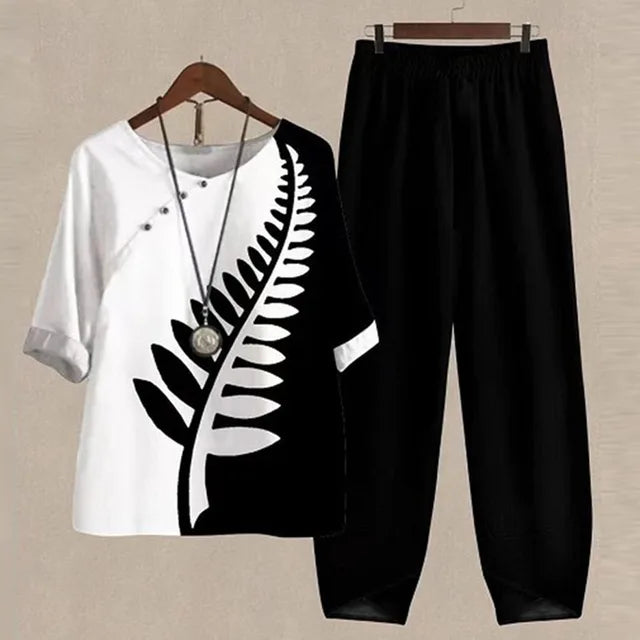Ensemble Femme – Haut Manches Courtes Imprimé Papillons – Pantalon Large Taille Élastique – Coupe Décontractée – Tissu Respirant