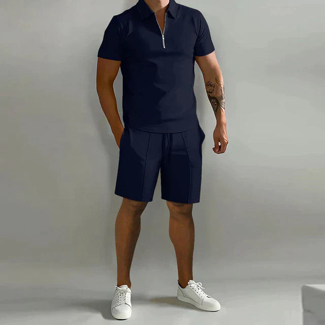 Ensemble de sport pour hommes - Coupe classique - Mélange respirant - Col zippé - Manches courtes décontractées