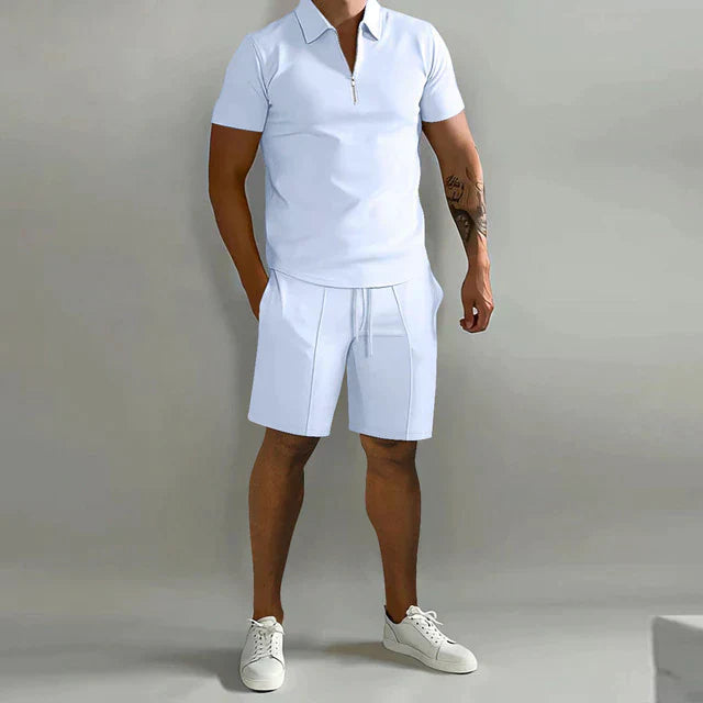 Ensemble de sport pour hommes - Coupe classique - Mélange respirant - Col zippé - Manches courtes décontractées