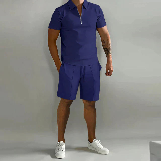 Ensemble de sport pour hommes - Coupe classique - Mélange respirant - Col zippé - Manches courtes décontractées