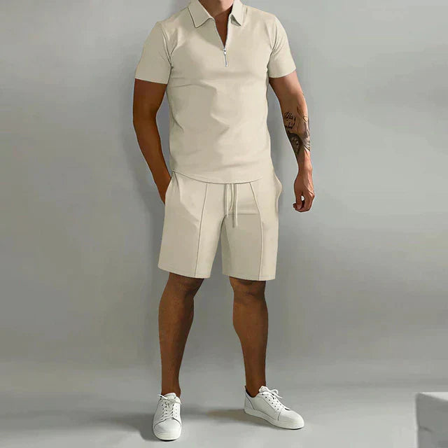 Ensemble de sport pour hommes - Coupe classique - Mélange respirant - Col zippé - Manches courtes décontractées