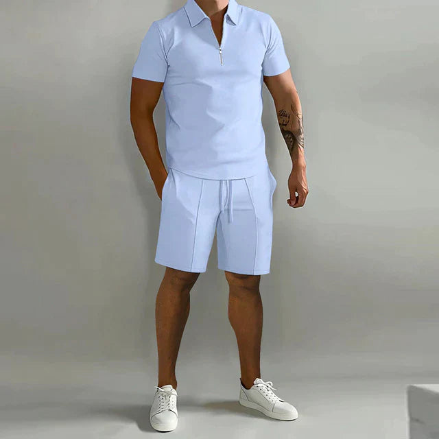 Ensemble de sport pour hommes - Coupe classique - Mélange respirant - Col zippé - Manches courtes décontractées