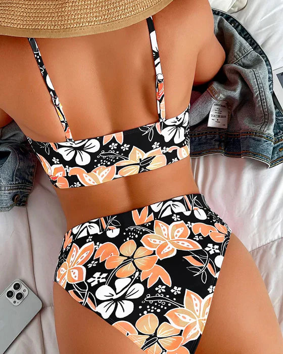 Bikini femme – Taille haute – Haut style débardeur – Imprimé floral – Tissu respirant