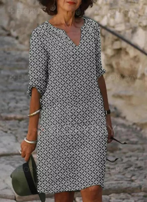 Robe Femme – Coupe Ample – Tissu Respirant – Décolleté V – Manches 3/4 – Imprimé Géométrique