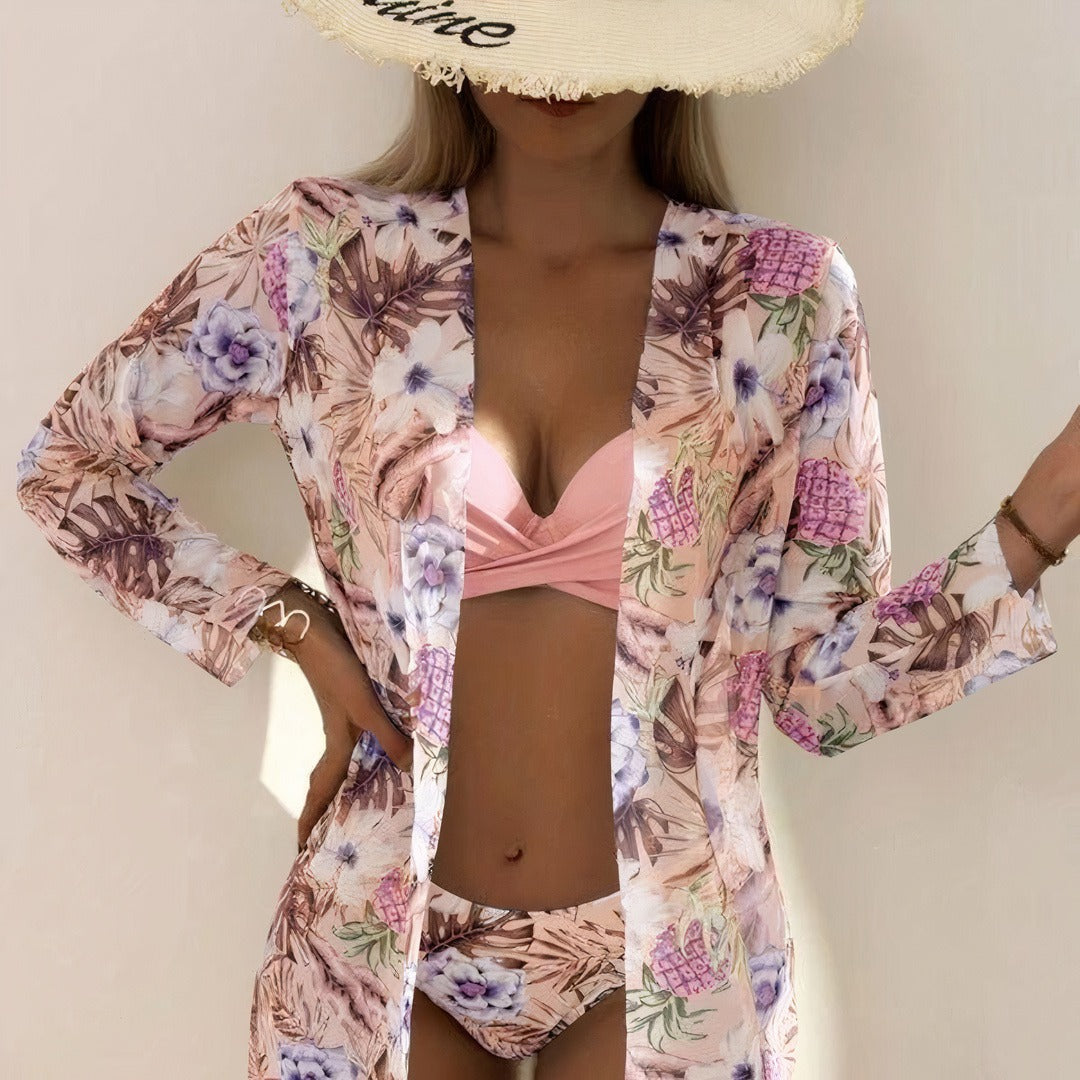 Ensemble de bikinis trois pièces pour femmes - Taille haute - Top croisé – Tissu stretch respirant