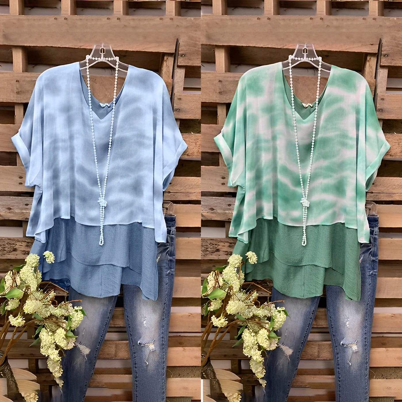 Blouse femme – Coupe ample – Tissu respirant – Design superposé – Manches courtes