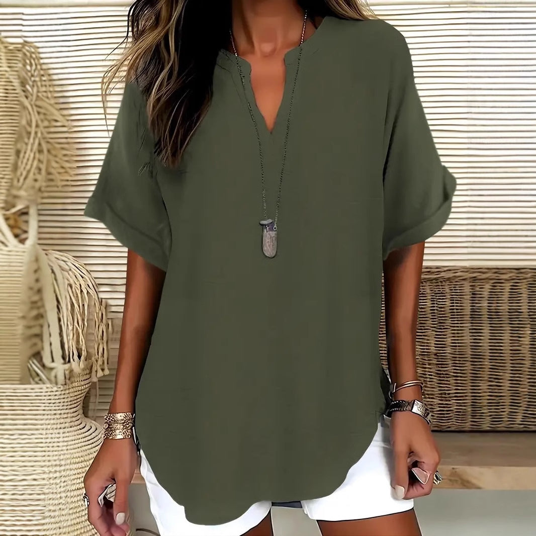 Blouse femme – Coupe ample – Manches courtes – Décolleté en V – Fibres naturelles