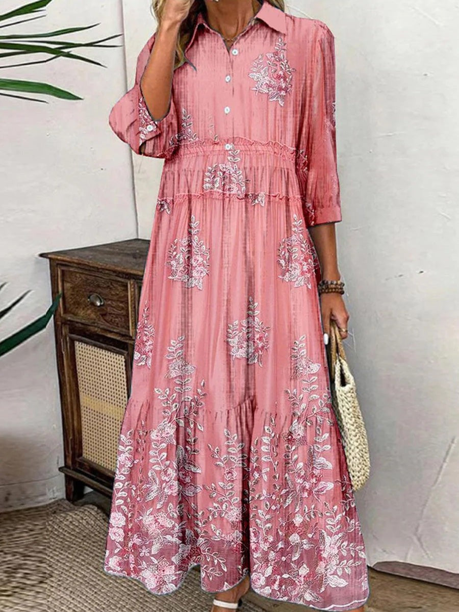 Robe longue femme – Coupe évasée – Tissu respirant – Manches 3/4 – Motif fleuri
