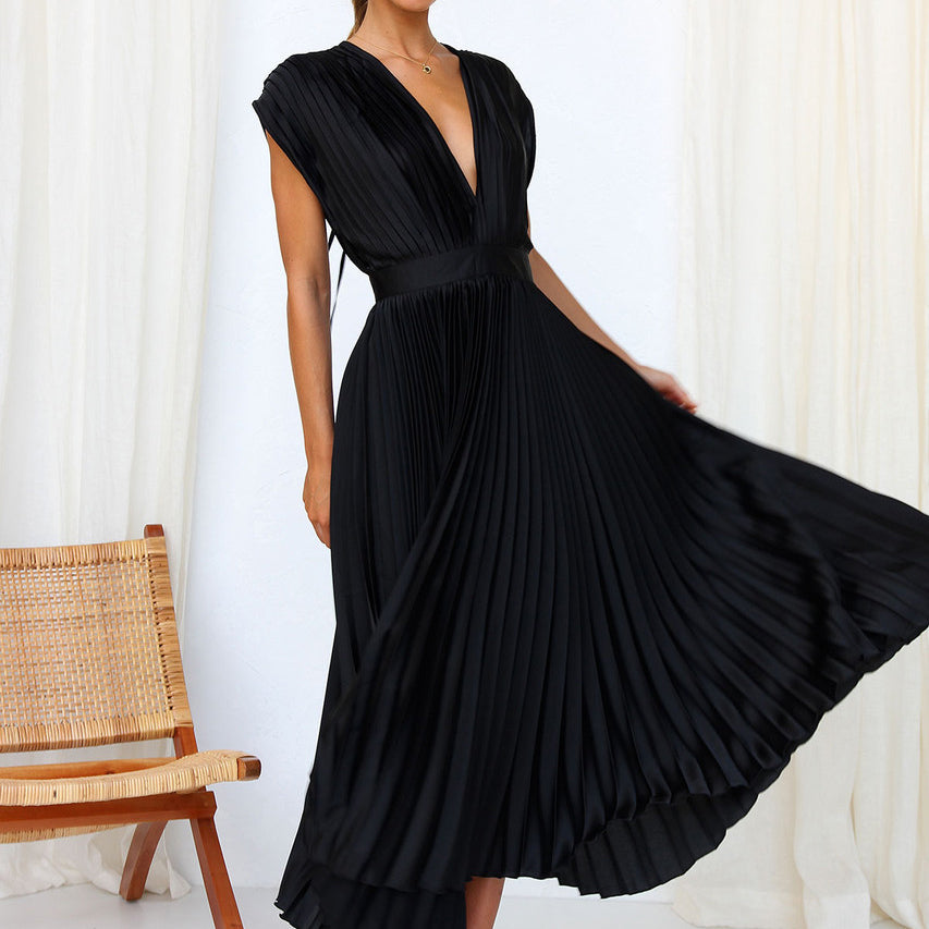 Robe midi femme – Tissu luxueux plissé – Sans manches – Décolleté en V – Dos nu