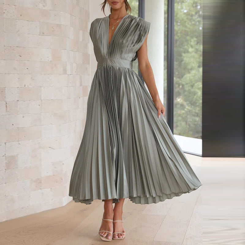 Robe midi femme – Tissu luxueux plissé – Sans manches – Décolleté en V – Dos nu
