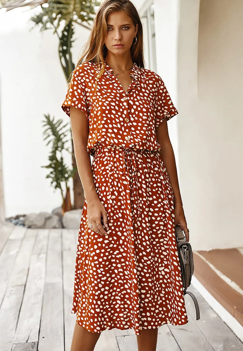 Robe midi femme – Coupe décontractée – Tissu respirant – Boutonnée – Manches courtes