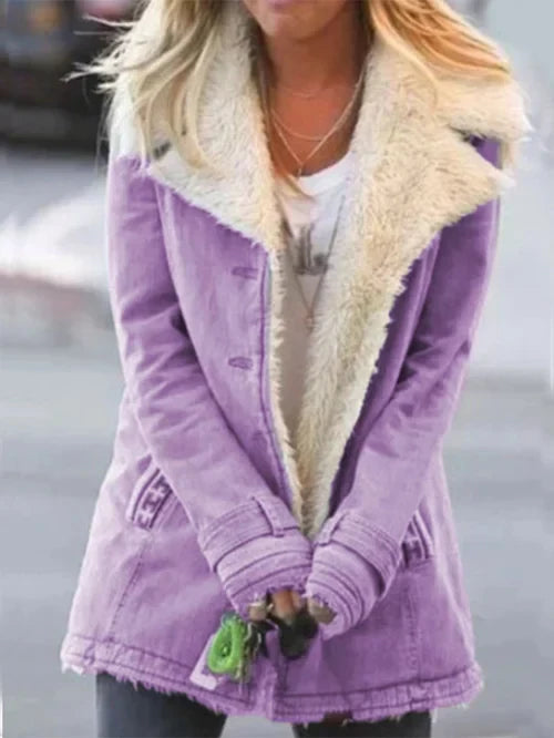 Manteau femme – Coupe cintrée – Doublure imitation mouton – Col large – Boutons devant