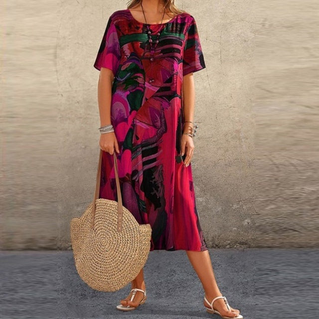 Robe midi femme – Coupe fluide – Manches courtes – Imprimé abstrait – Fibres naturelles