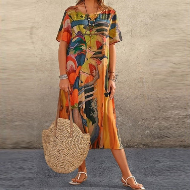 Robe midi femme – Coupe fluide – Manches courtes – Imprimé abstrait – Fibres naturelles