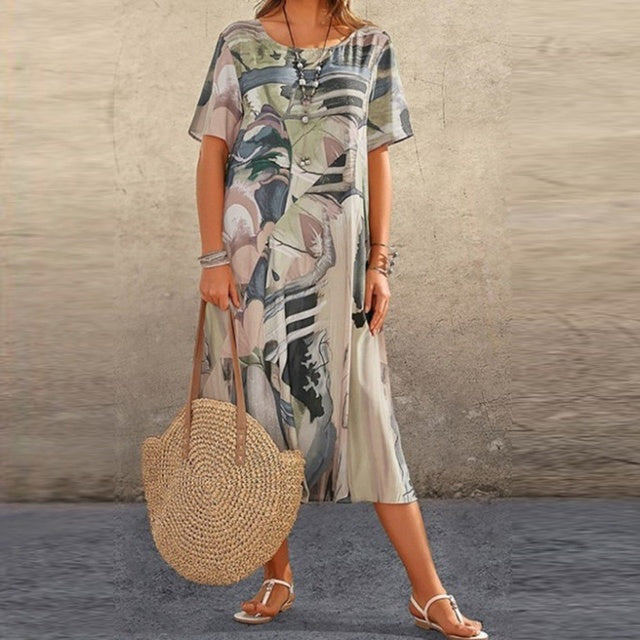 Robe midi femme – Coupe fluide – Manches courtes – Imprimé abstrait – Fibres naturelles