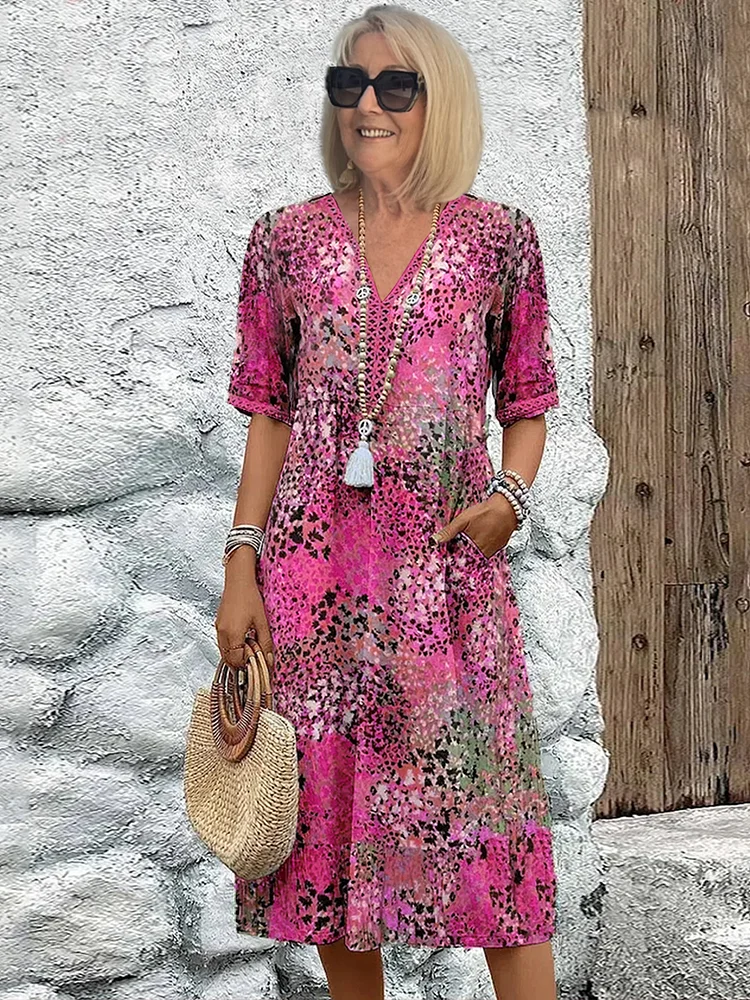 Robe Midi Femme – Col V – Coupe Ample – Manches Mi-longues