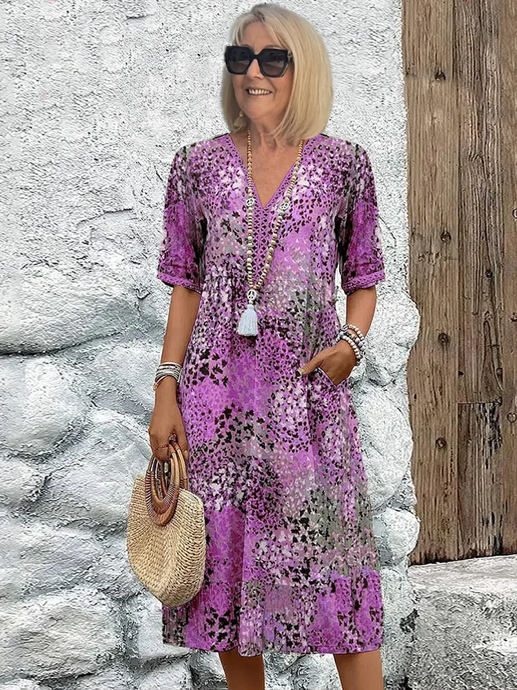 Robe Midi Femme – Col V – Coupe Ample – Manches Mi-longues