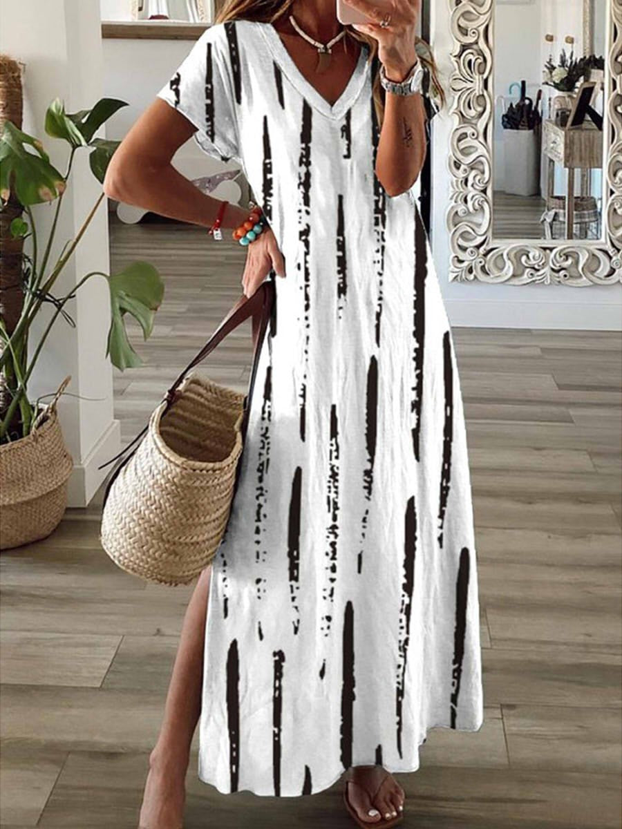 Robe longue femme – Coupe fluide – Décolleté en V – Manches courtes – Rayée – Tissu respirant