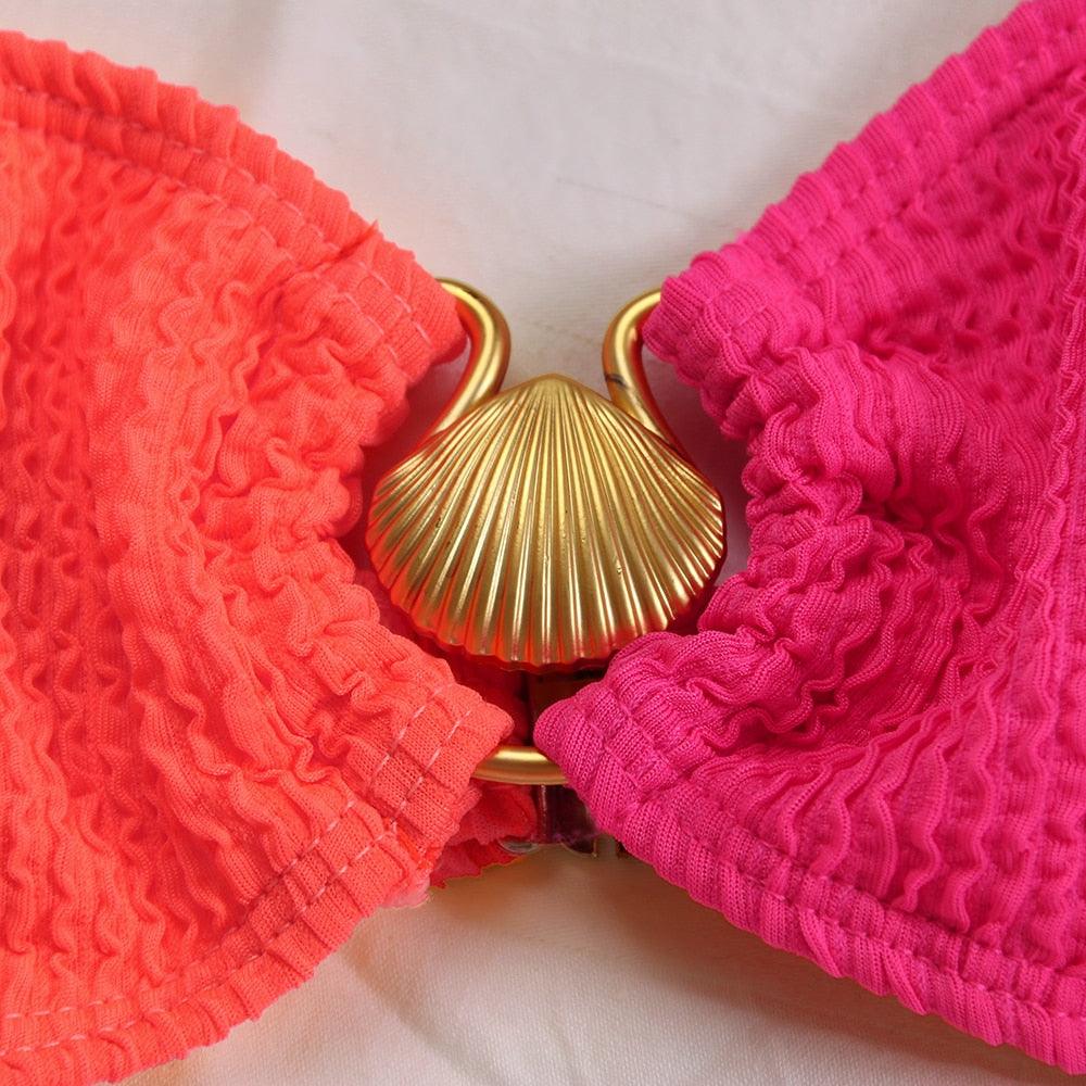 Bikini femme – Ensemble 2 pièces – Haut col rond – Bas taille haute côtelé