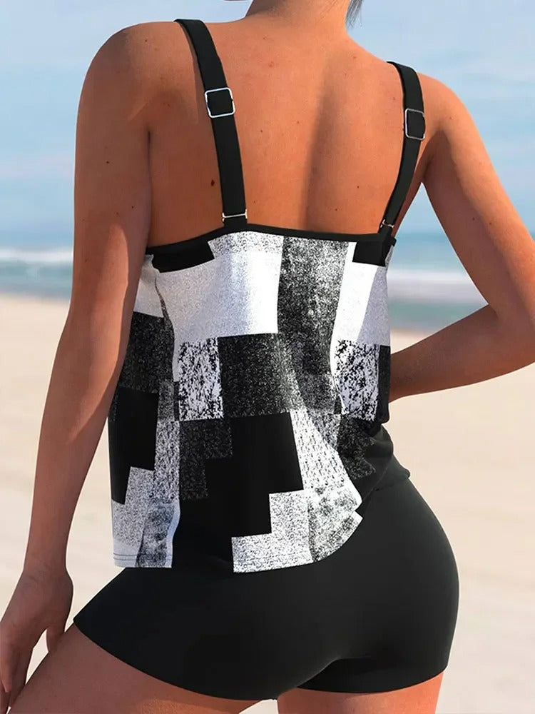 Tankini femme – Coupe décontractée – Bretelles doubles – Imprimé géométrique – Tissu respirant