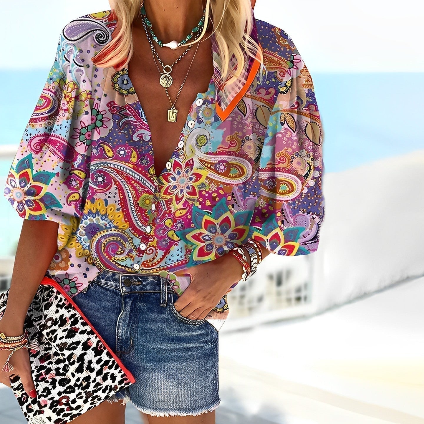 Chemise femme – Coupe ample – Motif mandala – Col en V
