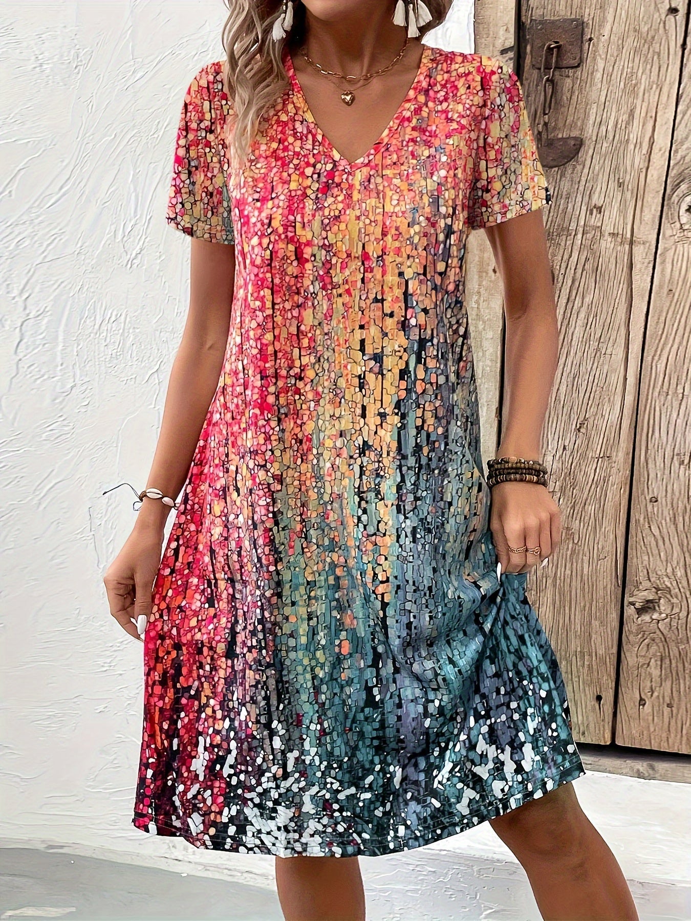 Robe midi femme – Coupe décontractée – Silhouette évasée – Col en V – Manches courtes – Tissu respirant