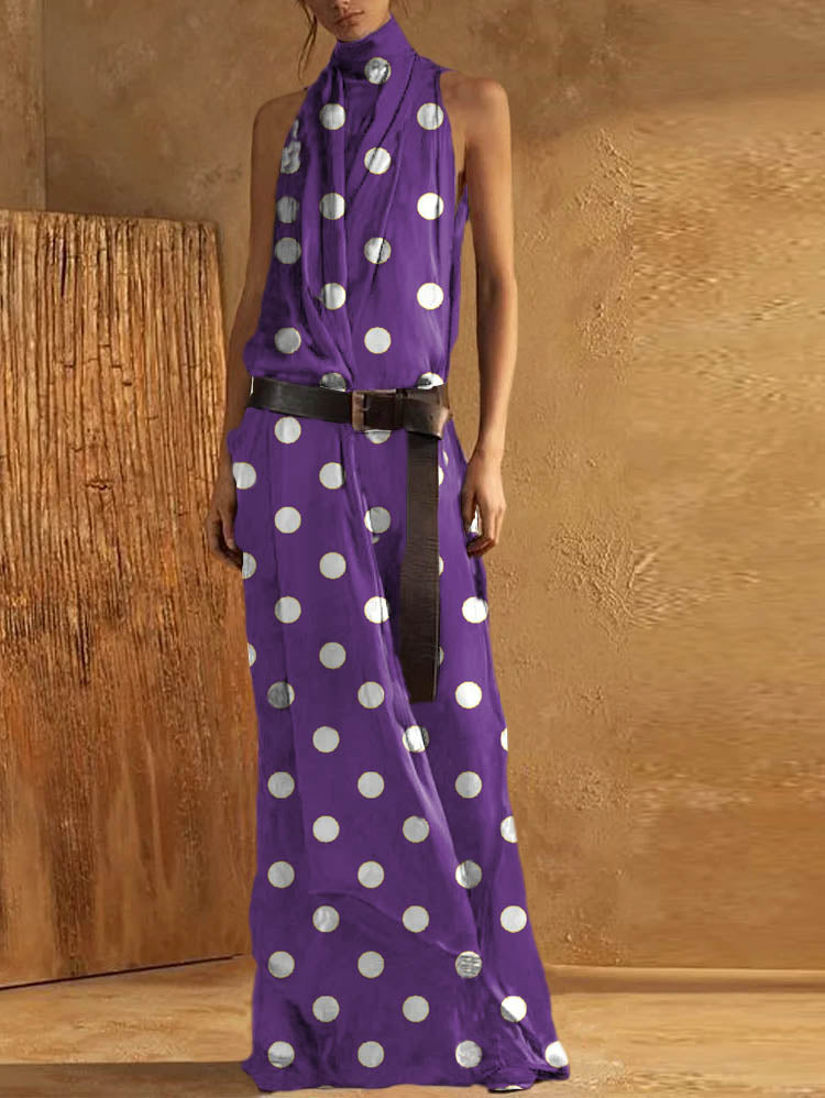 Robe longue femme – Col montant – Sans manches – Coupe fluide – Ceinture à boucle