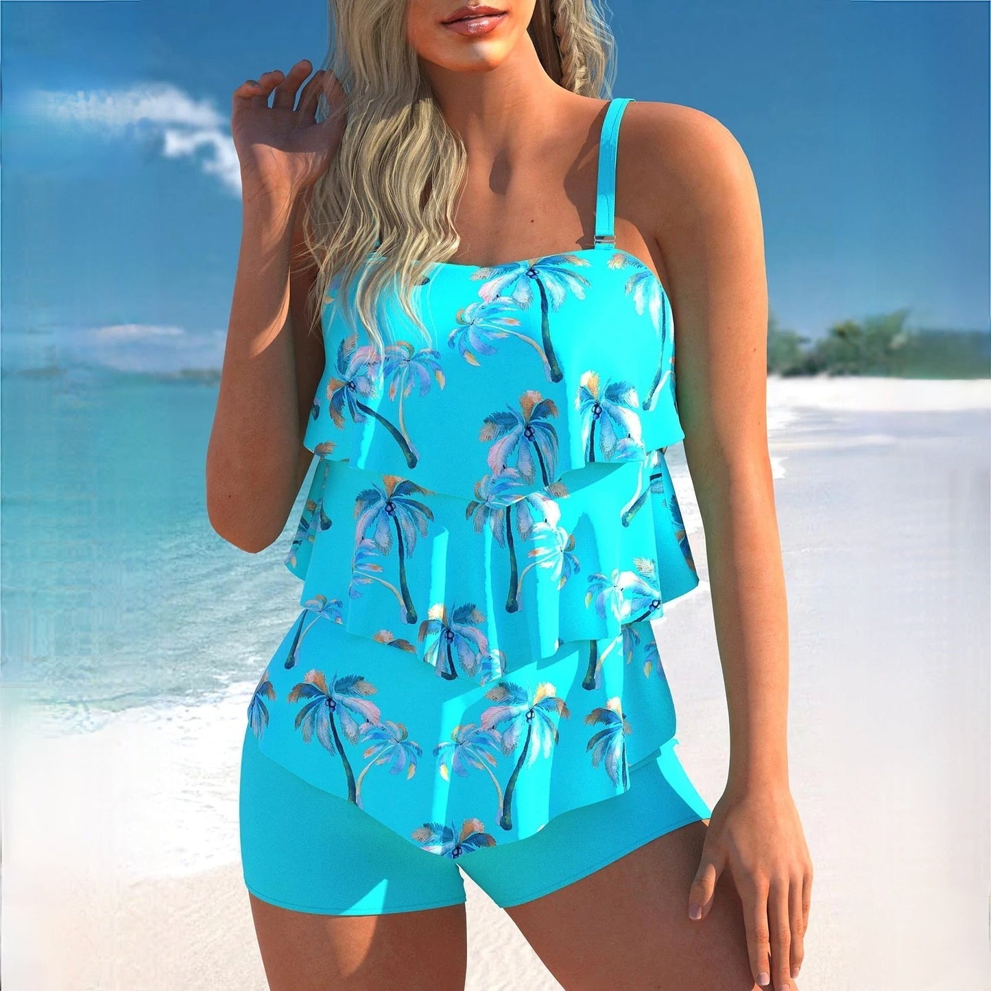 Tankini femme – Coupe décontractée – Volants superposés – Bretelles réglables – Short de bain