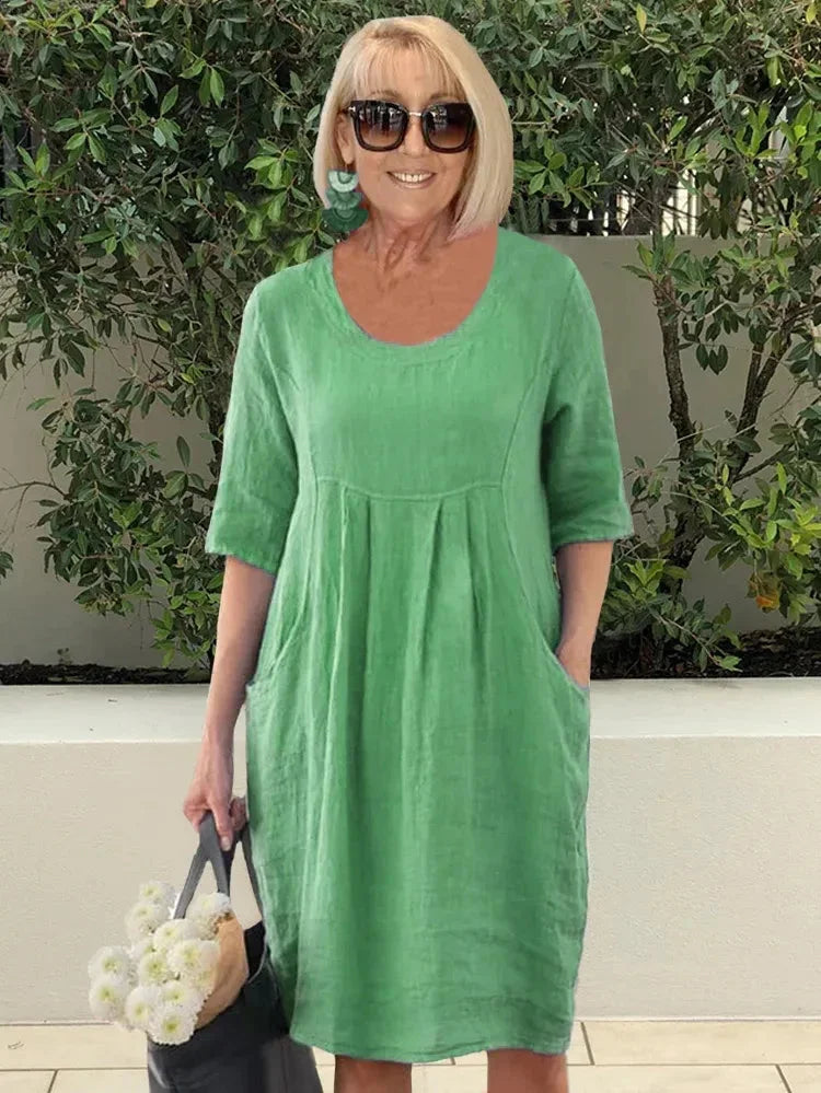 Robe midi femme – Coupe décontractée – Manches coudes – Fibres naturelles – Poches