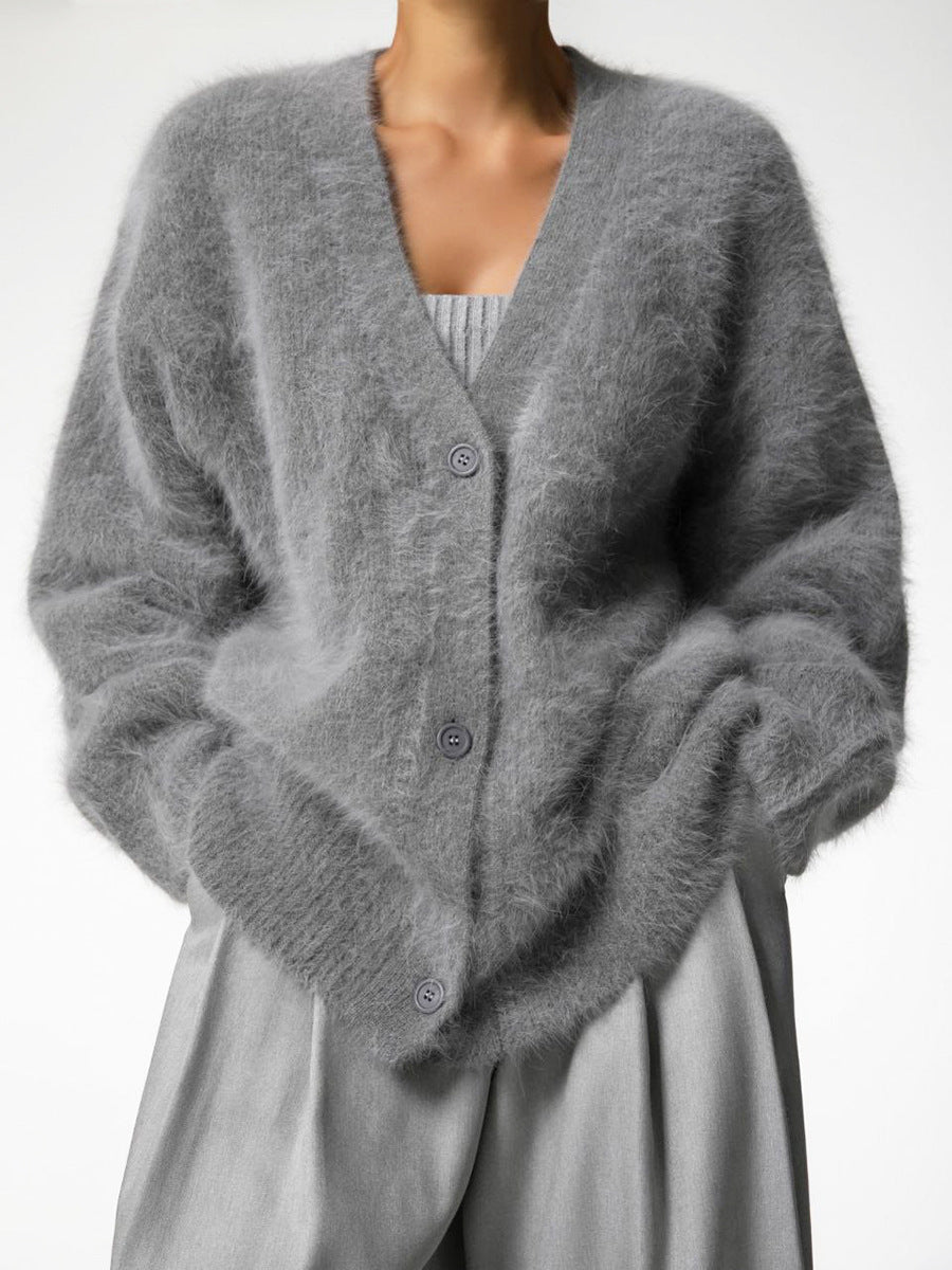 Women's Cardigan - Relaxed and Casual Fit - Soft and Plush Fabric - V-Neck - Natural Buttons