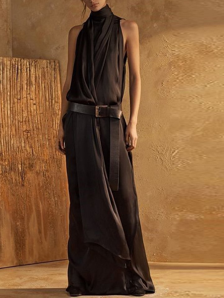Robe longue femme – Col montant – Sans manches – Coupe fluide – Ceinture à boucle