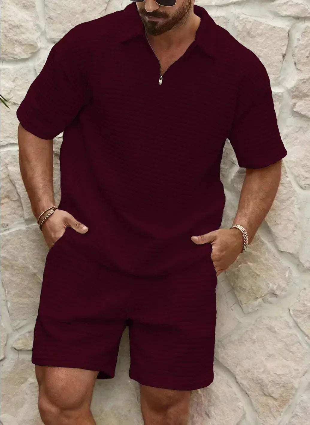 Ensemble Short Homme – Coupe Décontractée – Tissu Texturé – Haut Zippé – Taille Élastique