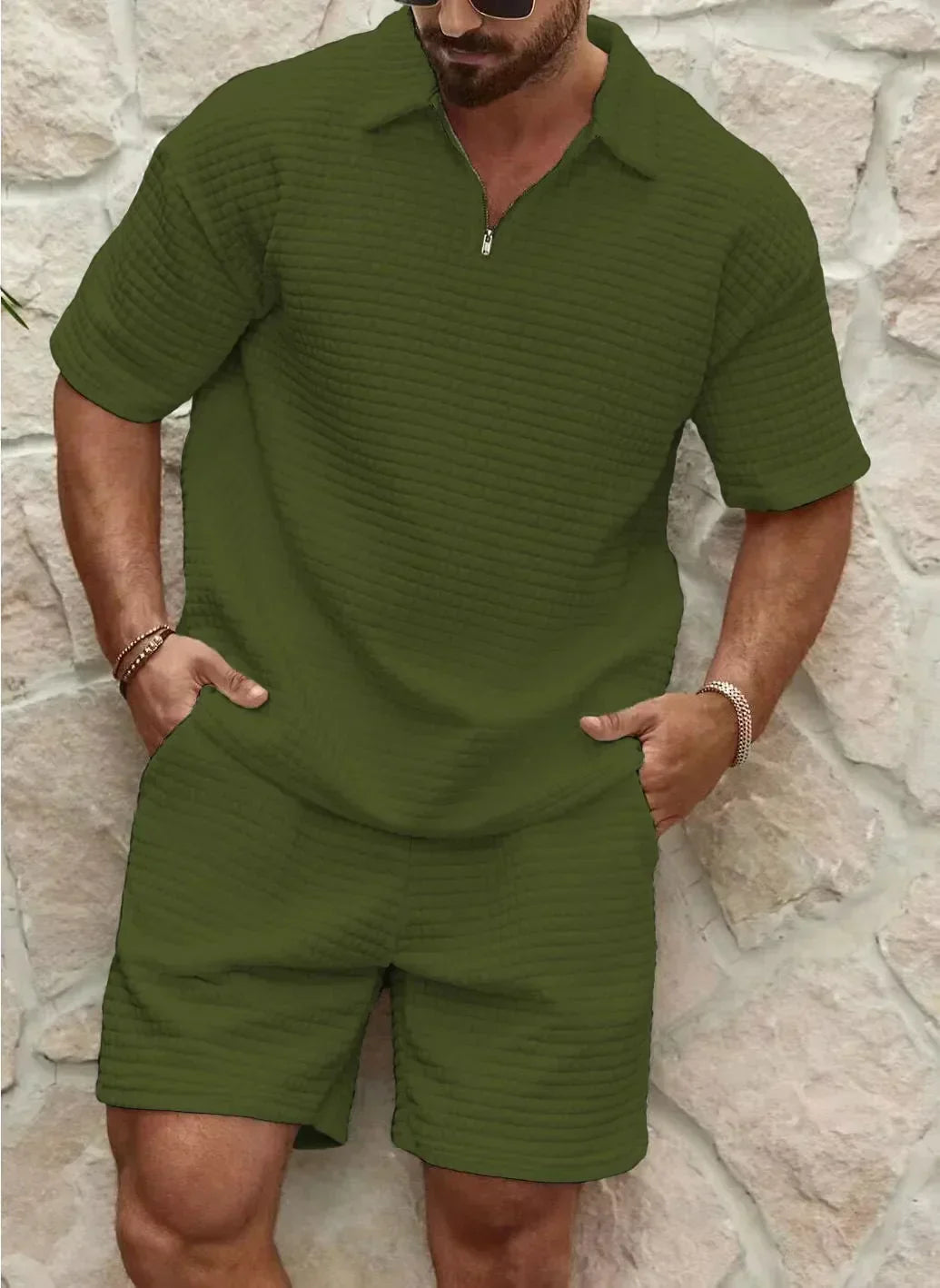 Ensemble Short Homme – Coupe Décontractée – Tissu Texturé – Haut Zippé – Taille Élastique
