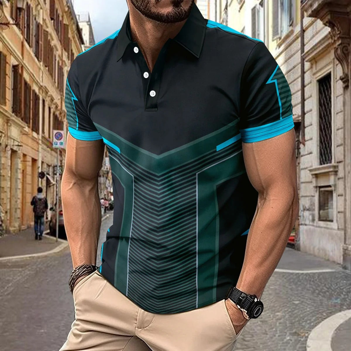 Polo homme – Coupe slim – Maille respirante – Motif géométrique – Col classique