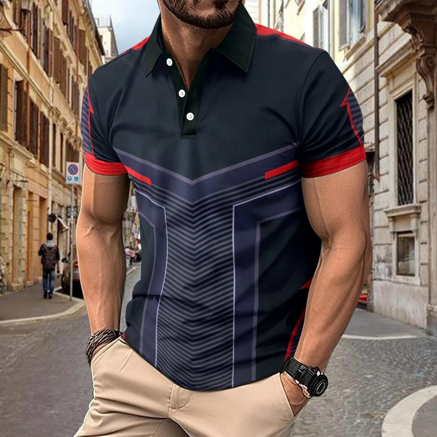 Polo homme – Coupe slim – Maille respirante – Motif géométrique – Col classique