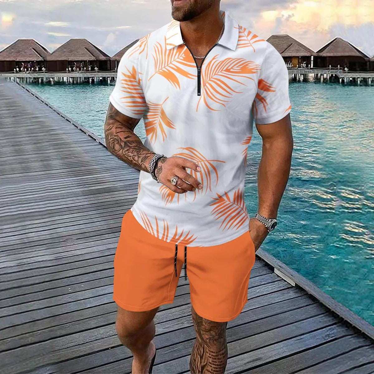 Ensemble homme polo et short – Coupe slim – Col zippé – Imprimé tropical