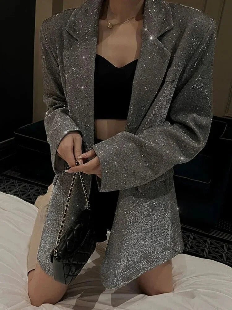 Blazer femme – Coupe oversize – Tissu texturé scintillant – Longueur mi-cuisse