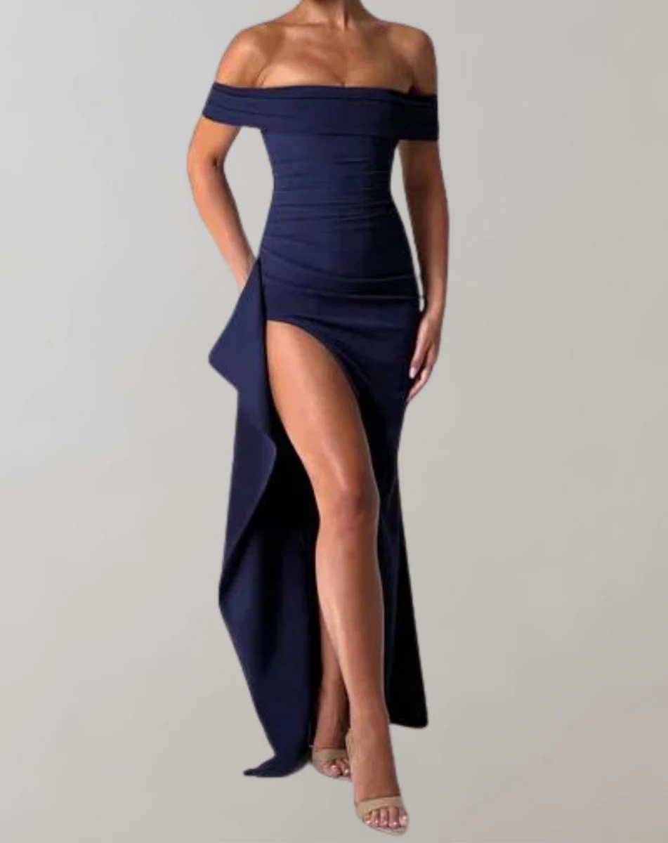 Robe longue femme – Coupe ajustée – Épaules dénudées – Fente haute élégante