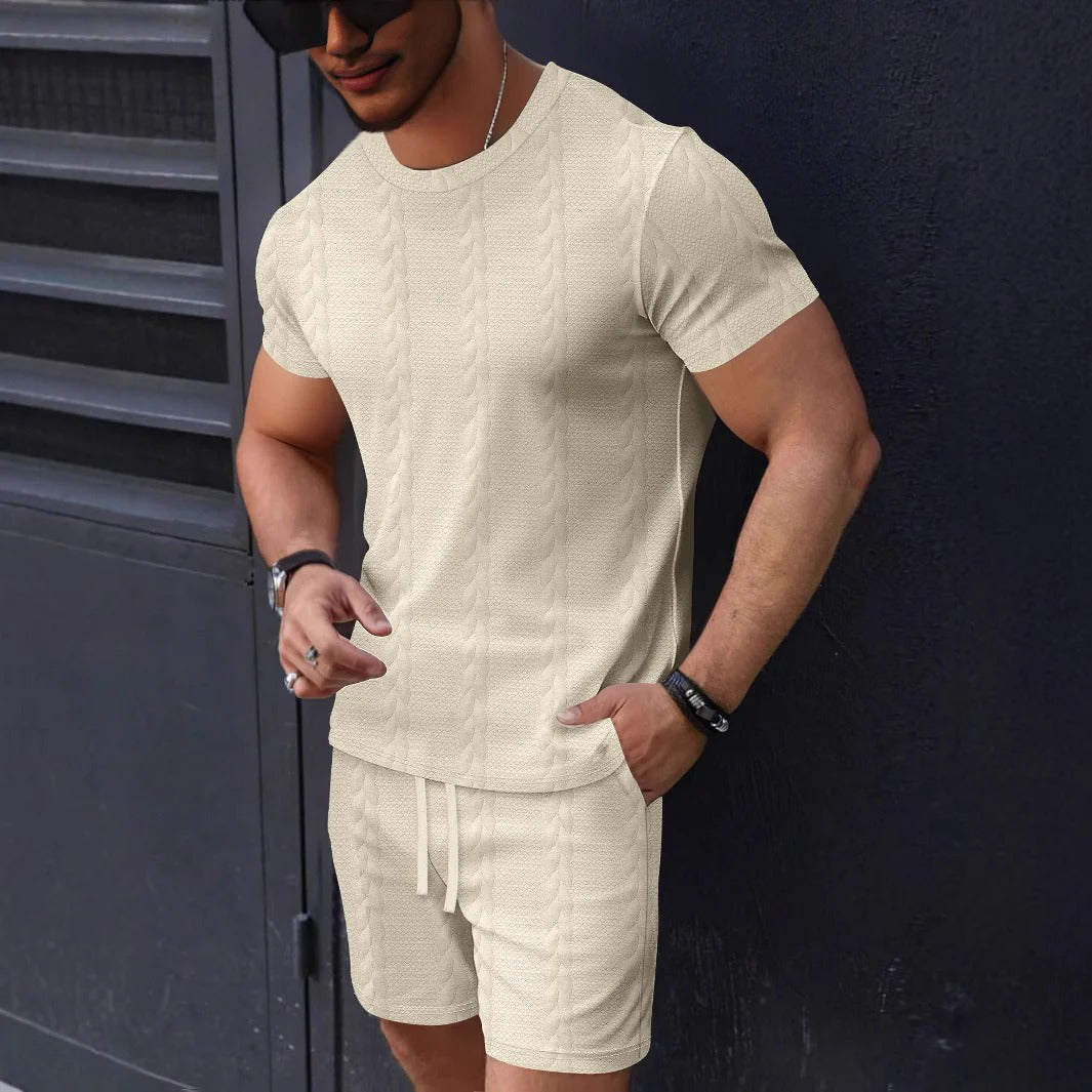 Ensemble Homme T-shirt et Short – Maille Texturée – Coupe Regular – Col Rond – Taille Cordon
