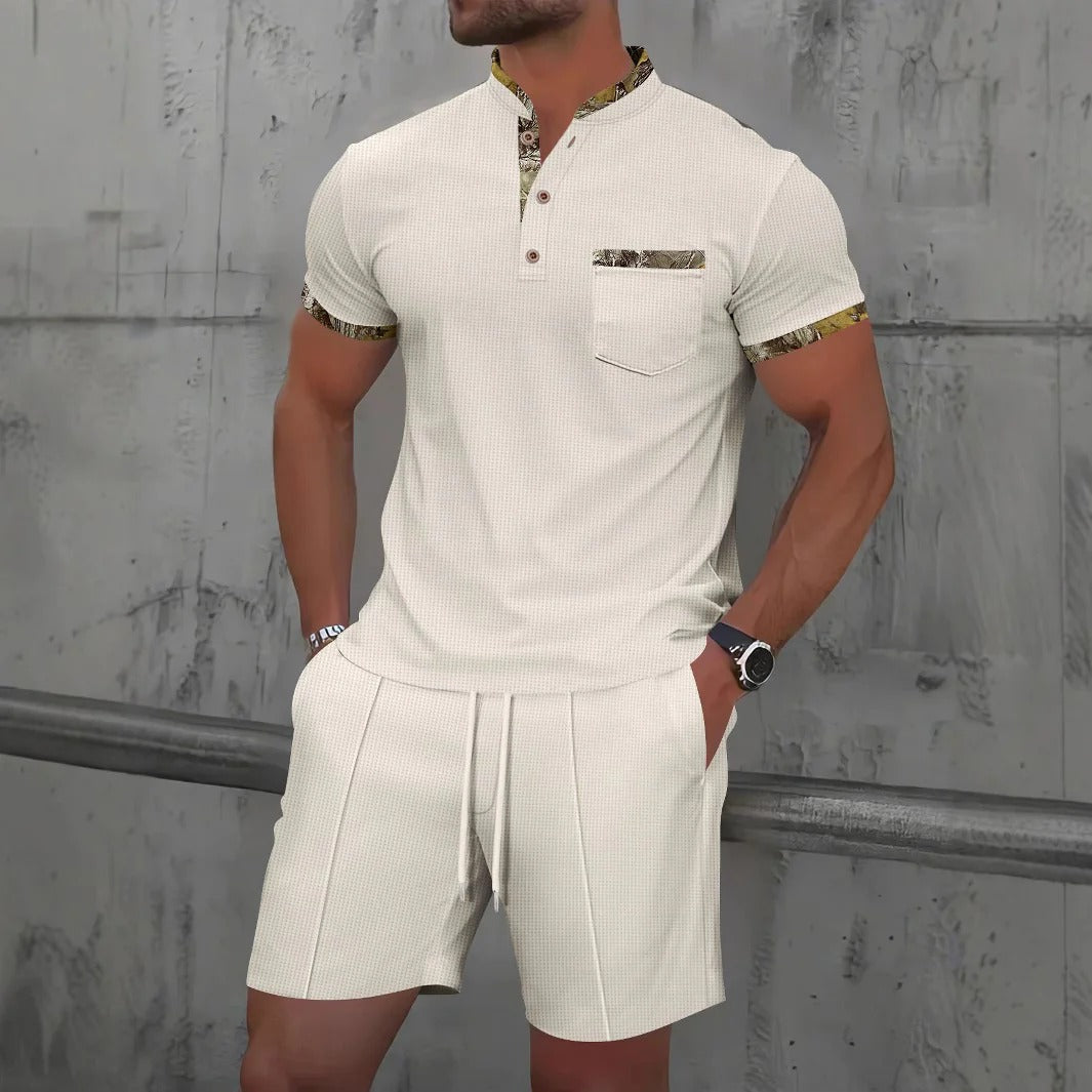 Ensemble Homme Décontracté – Coupe Slim – Coton – Manches Courtes – Poche Poitrine – Plastron à Boutons – Taille Cordon Ajustable